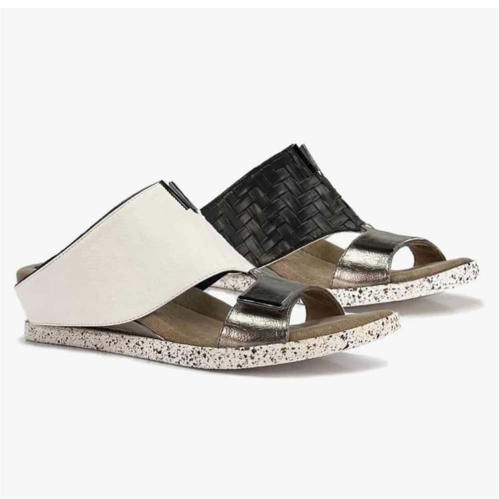 NEW Modzori Kleo Black/White Vegan Leather Low Wedge Reversible Slide Sandal